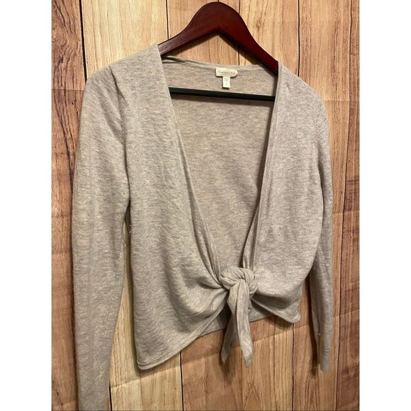 Garnet Hill Small 100% grey cashmere open front cardigan tie bottom - Picture 2 of 7